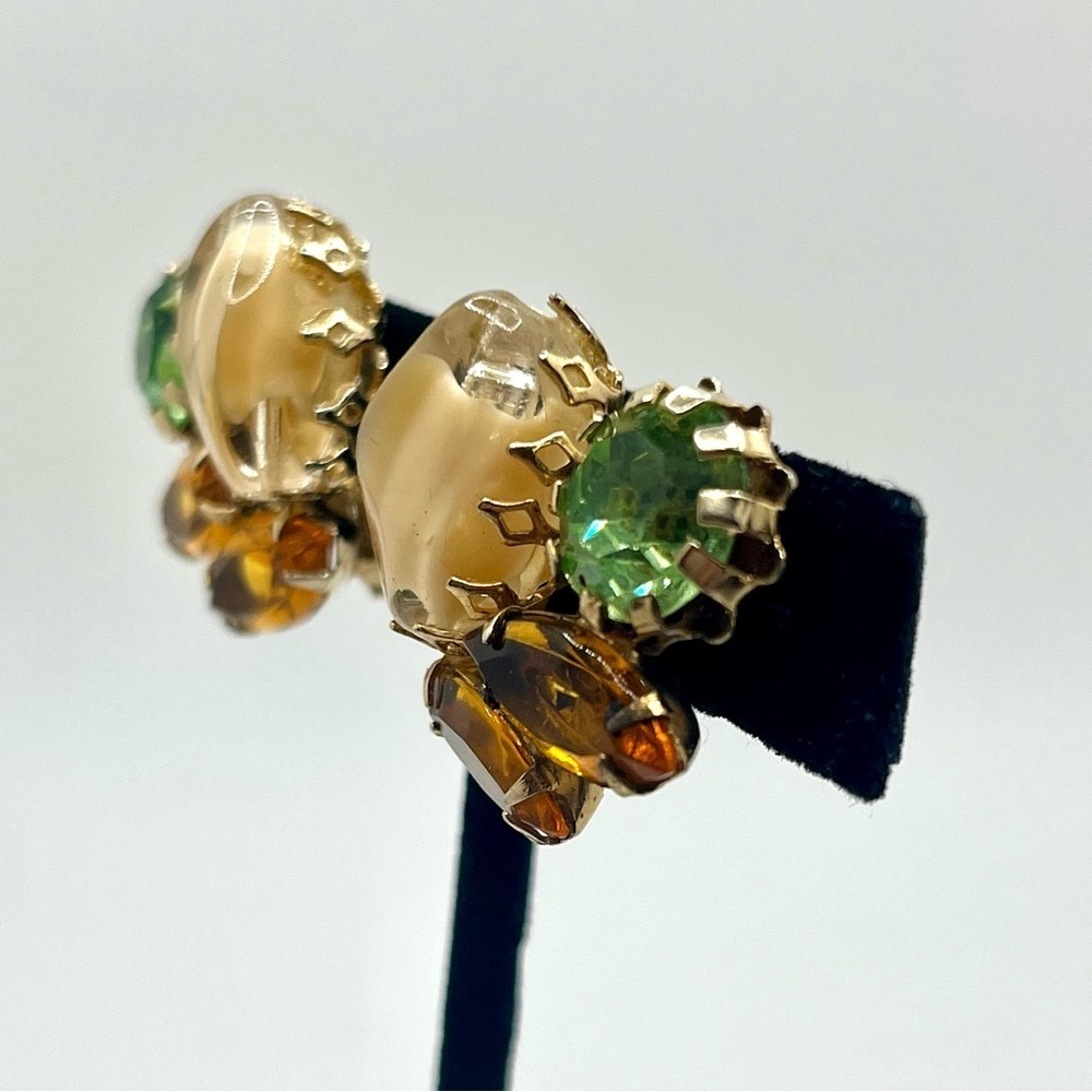 Vintage Czech Glass Cluster Earrings Peridot Green UV Reactive - Picture 3 of 11